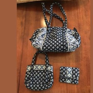 VERA BRADLEY Nantucket Blue Barrel Purses Wallet 3 piece Set Quilted VB